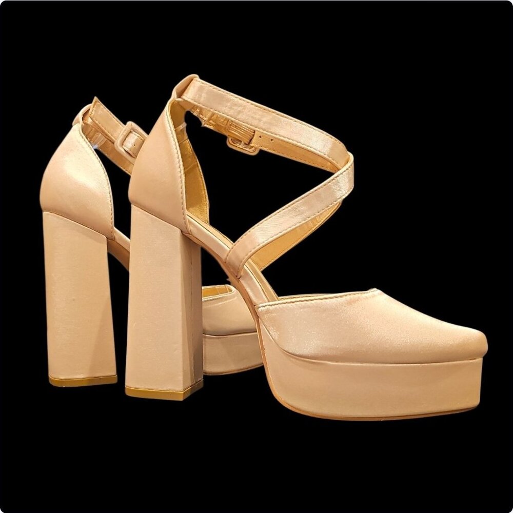 Elegant Champagne Satin Platform High Heel Sandals With Ankle Straps